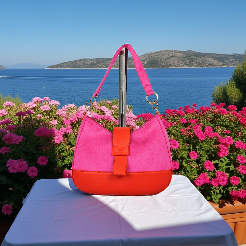 Pink and orange handbag on a table with flowers and water in the background