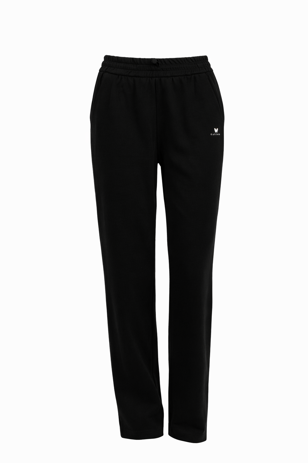 Black pants with a small logo on a white background