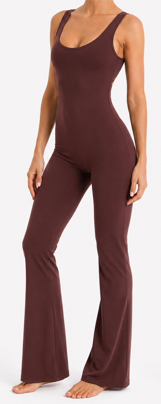 Brown jumpsuit with open back design on a white background